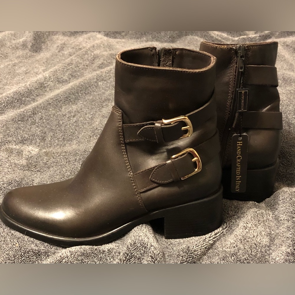 Emanuele Castro Double Buckle Moto Boots Brown ITALY Leather Women 9 NEW